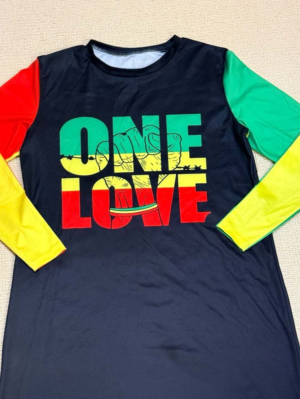 One Love Reggae Rasta Print Long Sleeve Dress Size M Black Red Yellow Green